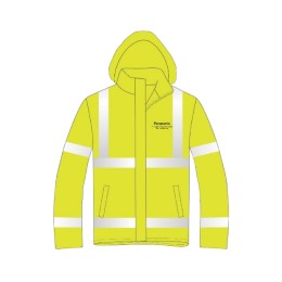 訂製開胸直角袖雨衣風褸    設計螢光黃色防水風褸     反光帶風褸外套    袖口橡筋魔術貼設計    絲印黑色logo   Panasonic    D418 訂製開胸直角袖雨衣風褸    設計螢光黃色防水風褸     反光帶風褸外套    袖口橡筋魔術貼設計    絲印黑色logo   Panasonic    D418